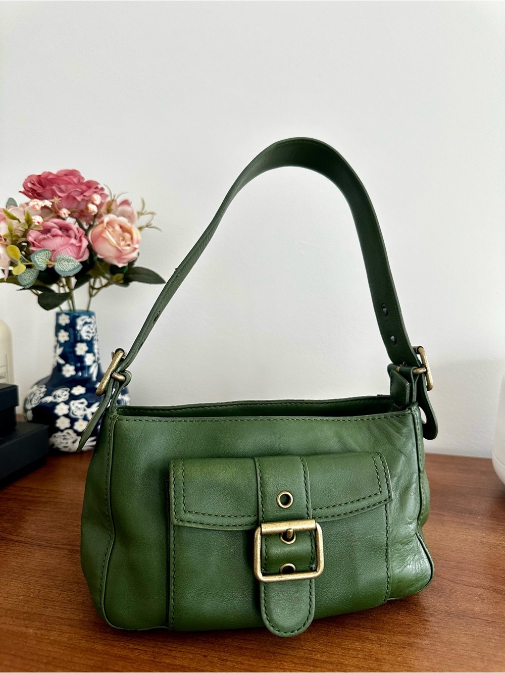 Vintage Marc Jacob’s Olive Green Leather Shoulder Bag with Front Buckle